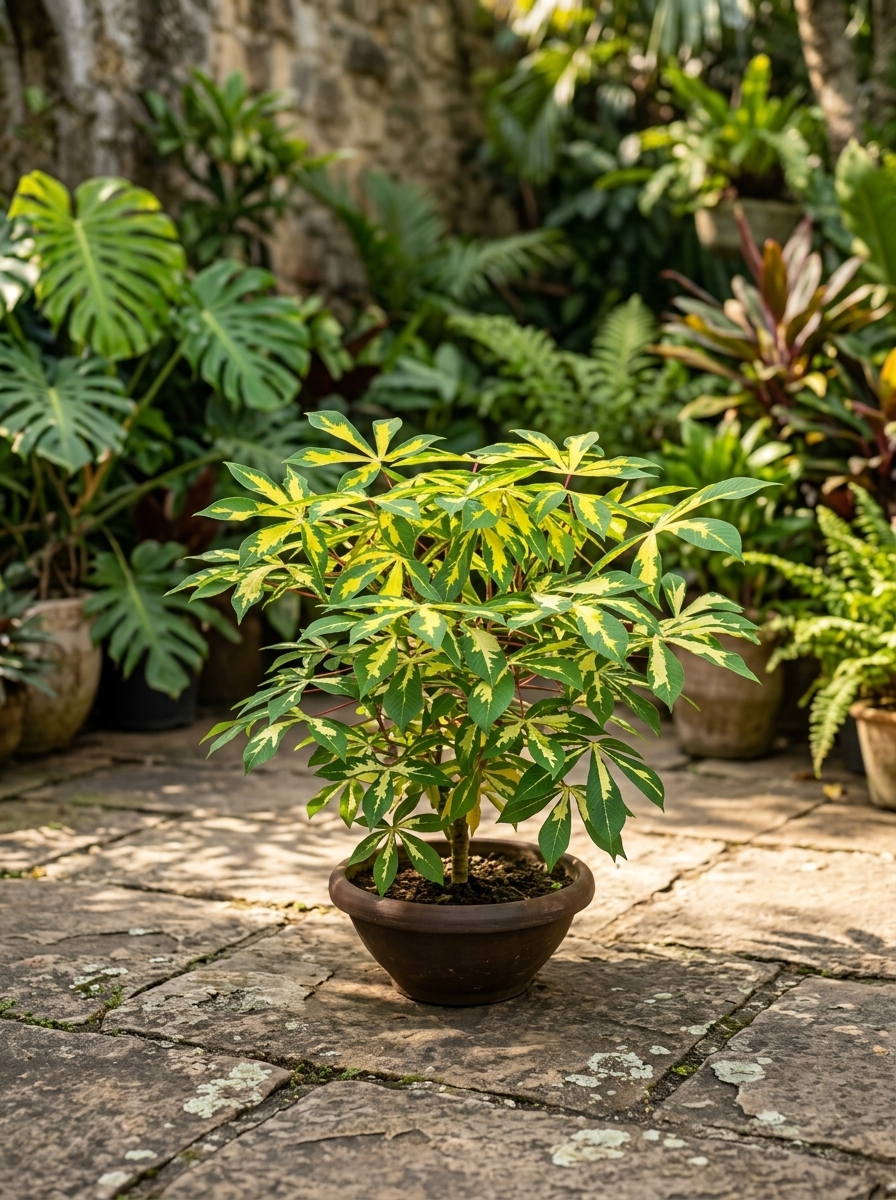 Lush Variegated Tapioca Foliage Shrub nursery specimen