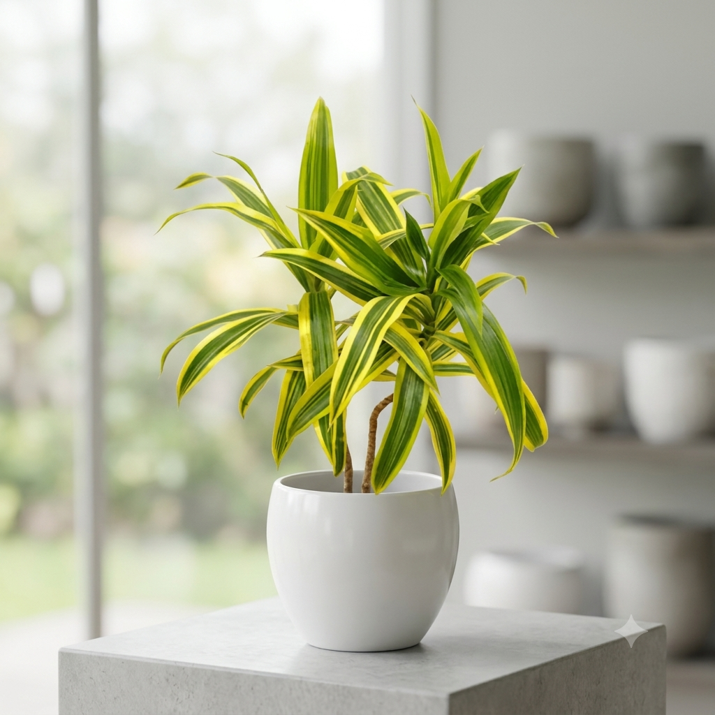Lush Dracaena Song of India in White Ceramic Planter 4-inch gifting specimen in ceramic pot