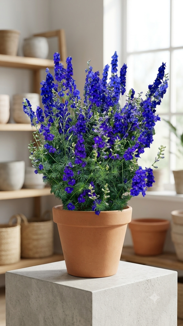 Royal Blue Larkspur Delphinium mature flowering appearance
