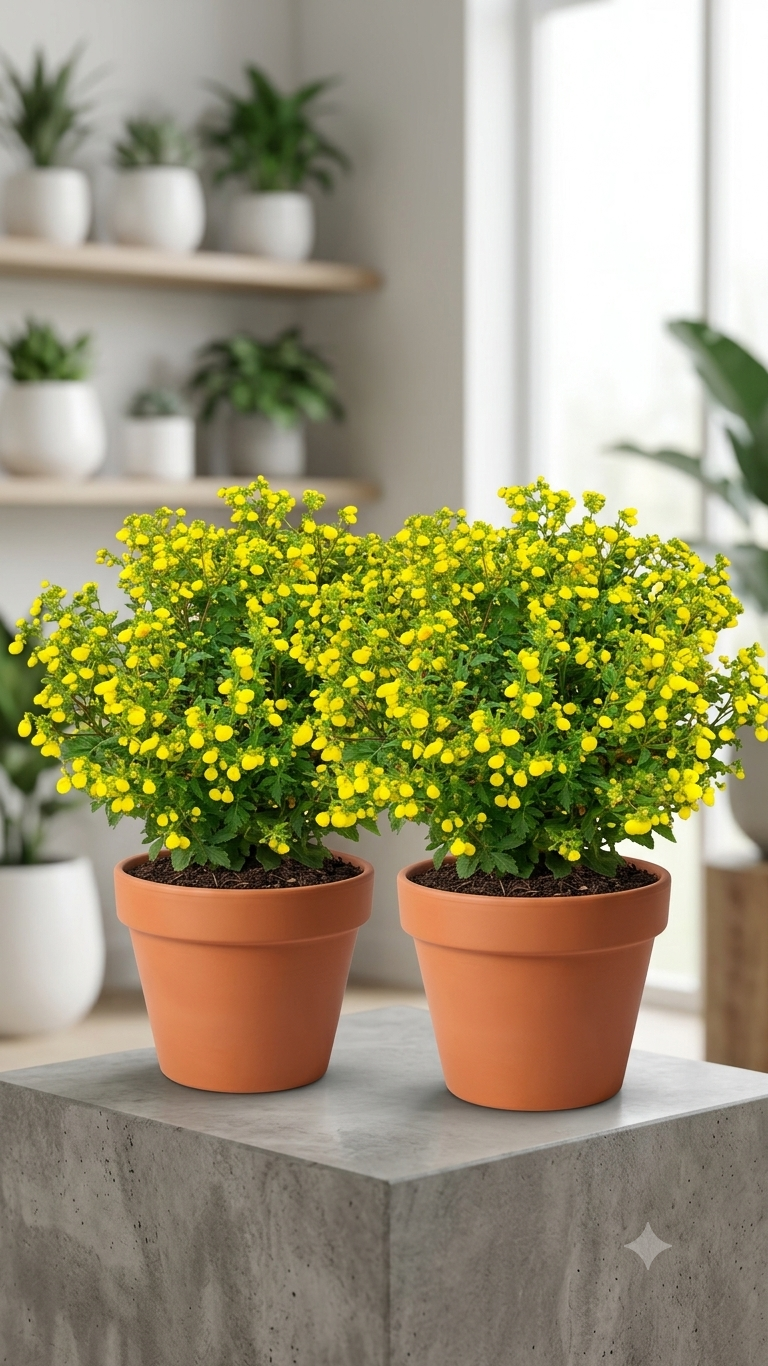 Yellow Pocketbook Plant (Calceolaria) mature flowering appearance